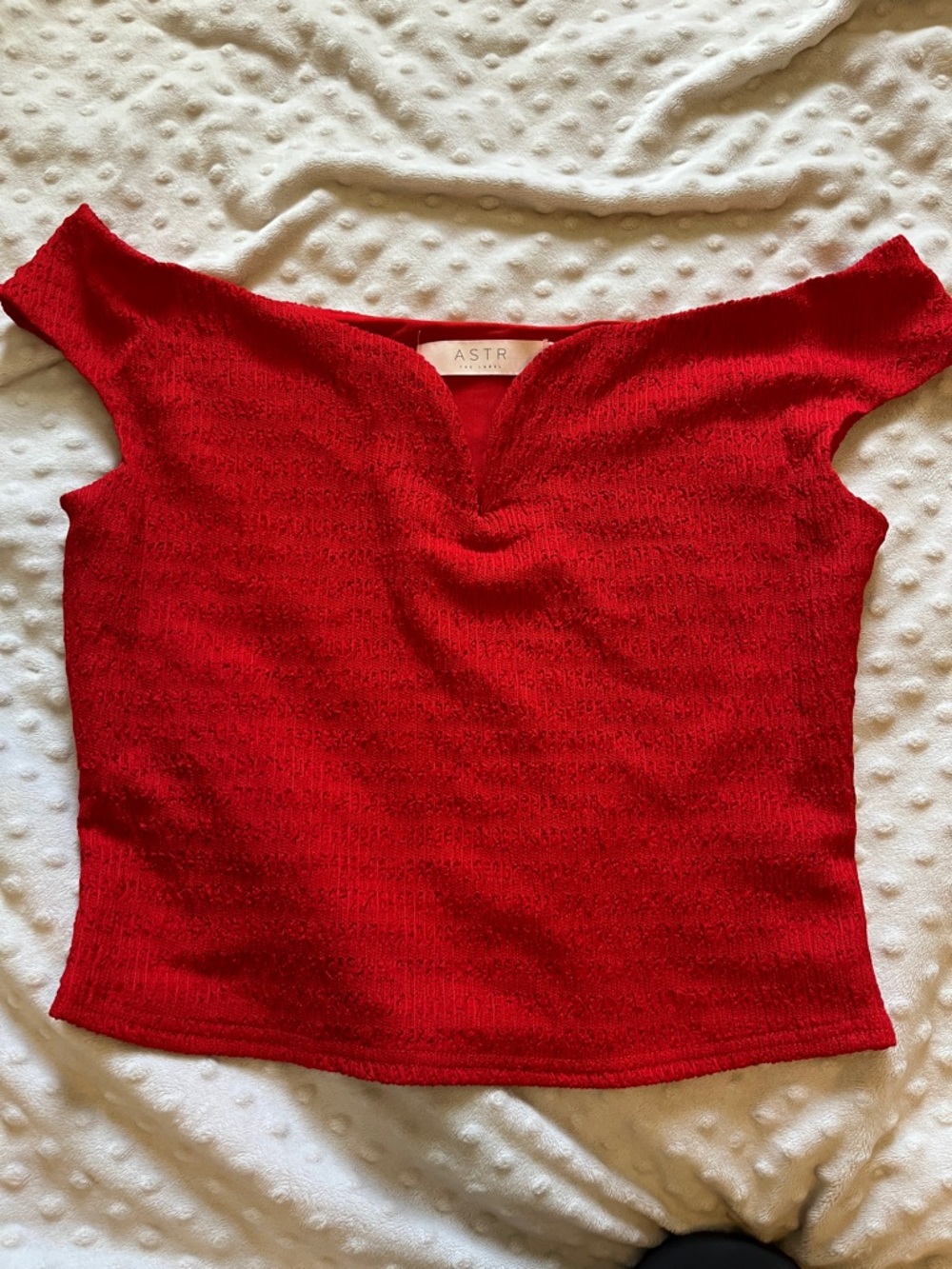 Astr Red Off-the-Shoulder Knit Crop Top